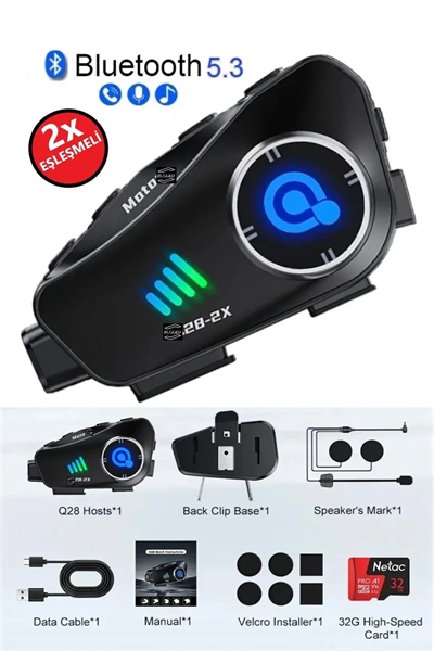 Q28 2x 2 Eşleşmeli Motosiklet Kask Bluetooth Kulaklık 1080p Kamera Su Geçirmez Intercom