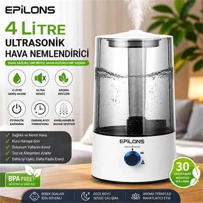 RBH-04 Ultrasonik Hava Nemlendirici 4 Litre Buhar Makinesi Aroma Difüzörü - Otomatik Kapanma