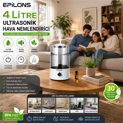 RBH-04 Ultrasonik Hava Nemlendirici 4 Litre Buhar Makinesi Aroma Difüzörü - Otomatik Kapanma
