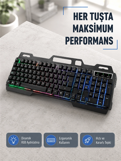 RGB Aydınlatmalı Klavye Mouse Seti – USB Bağlantılı, Türkçe Q, Ayarlanabilir DPI, Ergonomik Yapı