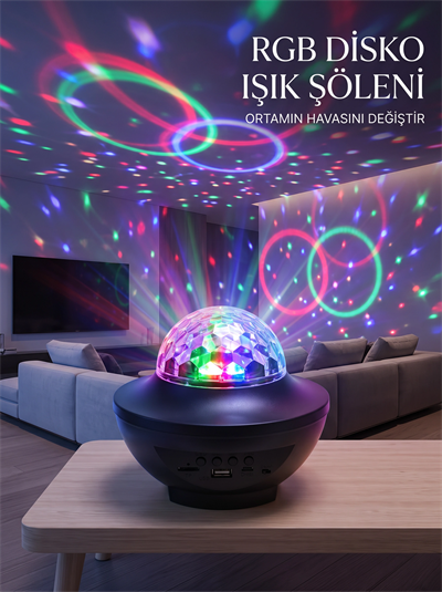 RGB Bluetooth Disko Lambası Dahili Hoparlörlü Müzikli Parti Işığı USB ve TF Kartlı