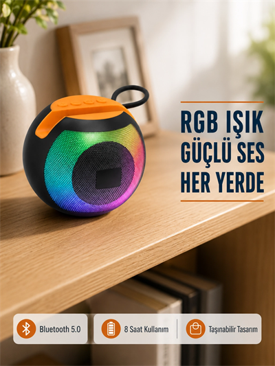 RGB Işıklı Bluetooth Hoparlör – 360° Stereo Ses ve 8 Saat Çalma Süresi