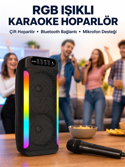RGB Işıklı Çift Hoparlörlü Taşınabilir Bluetooth Speaker ve Mikrofon Yeni Nesil
