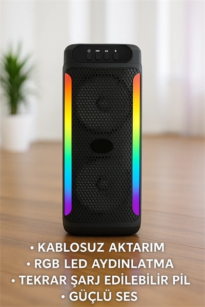 RGB Işıklı Çift Hoparlörlü Taşınabilir Bluetooth Speaker ve Mikrofon