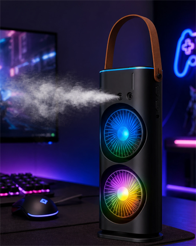 RGB Işıklı Spreyli Masa Fanı Çift Motorlu Güçlü Üflemeli Taşınabilir Fan