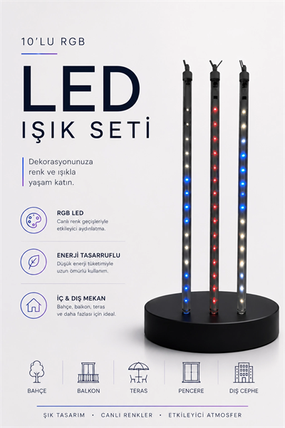 RGB LED Dış Ve İç Mekan Süsleme Işığı 10 Çubuklu Şerit
