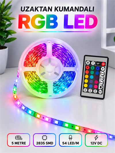 RGB Şerit LED 5 Metre 12V 2835 SMD Kumandalı Renkli Oda ve Ev Aydınlatması