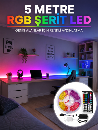RGB Şerit LED 5 Metre 5050 SMD Kumandalı Çok Renkli Ev Oda TV Arkası Dekoratif Aydınlatma