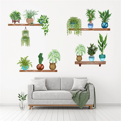 Raflı Saksılı Çiçek Tasarımlı Yapışkanlı Sticker Bx40