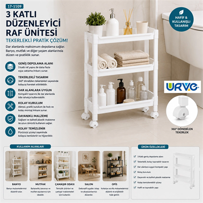 Rafty 3 Katlı Tekerlekli Sepet Organizer Düzenleyici Raf Ünitesi 465x145x480mm Bx40
