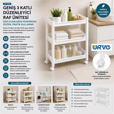 Rafty Geniş 3 Katlı Tekerlekli Sepet Organizer Düzenleyici Raf Ünitesi 352x220x480mm Bx40