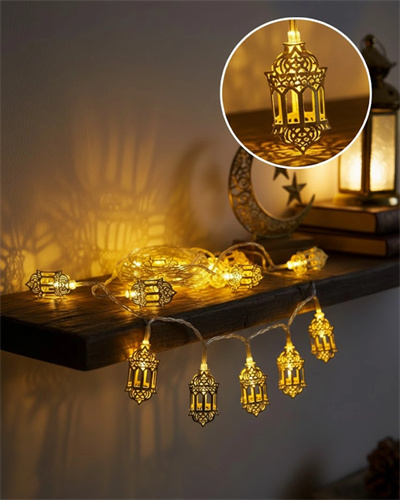 Ramazan Dekoru İçin Pilli LED Işık Altın Fener Tasarımlı