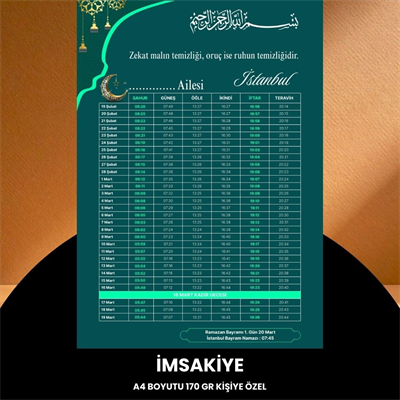 Ramazan İmsakiyesi - 170 Gr - A4 Boyut Kişiye Özel İsimli & Logolu 100 Adet Yeşil-turkuaz