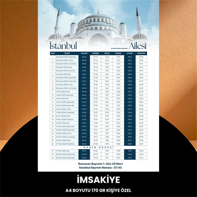 Ramazan İmsakiyesi - 170 Gr - A4 Boyut Kişiye Özel İsimli & Logolu 100 Adet Mavi