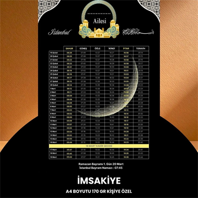 Ramazan İmsakiyesi - 170 Gr - A4 Boyut Kişiye Özel İsimli & Logolu 100 Adet Siyah-sarı
