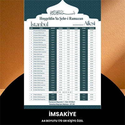 Ramazan İmsakiyesi - 170 Gr - A4 Boyut Kişiye Özel İsimli & Logolu 100 Adet Yeşil