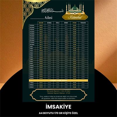 Ramazan İmsakiyesi - 170 Gr - A4 Boyut Kişiye Özel İsimli & Logolu 100 Adet Koyu Yeşil