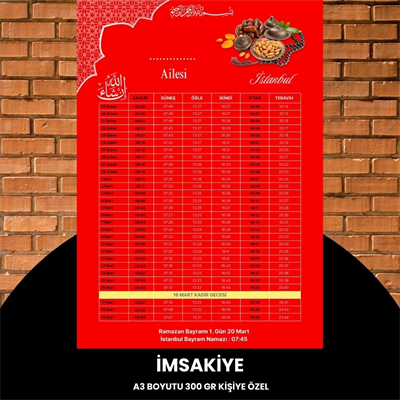 Ramazan İmsakiyesi - 300 Gr - A3 Boyut Kişiye Özel İsimli & Logolu 1 Adet Kırmızı