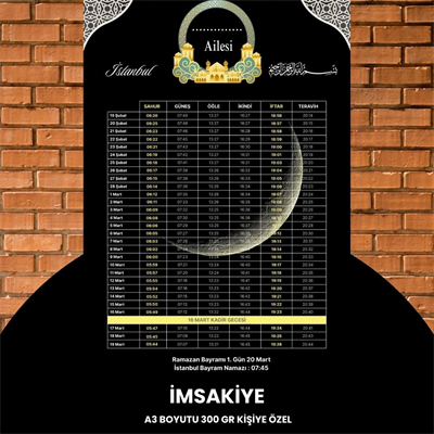 Ramazan İmsakiyesi - 300 Gr - A3 Boyut Kişiye Özel İsimli & Logolu 1 Adet Siyah-sarı