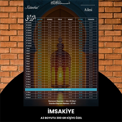 Ramazan İmsakiyesi - 300 Gr - A3 Boyut Kişiye Özel İsimli & Logolu 1 Adet Lacivert