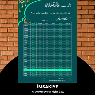 Ramazan İmsakiyesi - 300 Gr - A3 Boyut Kişiye Özel İsimli & Logolu 1 Adet Yeşil-turkuaz
