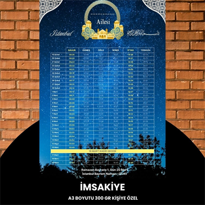 Ramazan İmsakiyesi - 300 Gr - A3 Boyut Kişiye Özel İsimli & Logolu 1 Adet Gökyüzü
