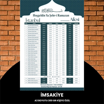 Ramazan İmsakiyesi - 300 Gr - A3 Boyut Kişiye Özel İsimli & Logolu 1 Adet Yeşil