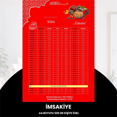 Ramazan İmsakiyesi - 300 Gr - A4 Boyut Kişiye Özel İsimli & Logolu 1 Adet Kırmızı