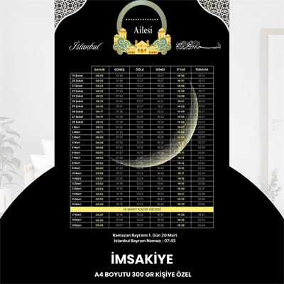 Ramazan İmsakiyesi - 300 Gr - A4 Boyut Kişiye Özel İsimli & Logolu 10 Adet Siyah-sarı