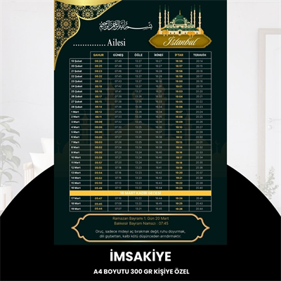 Ramazan İmsakiyesi - 300 Gr - A4 Boyut Kişiye Özel İsimli & Logolu 10 Adet Koyu Yeşil