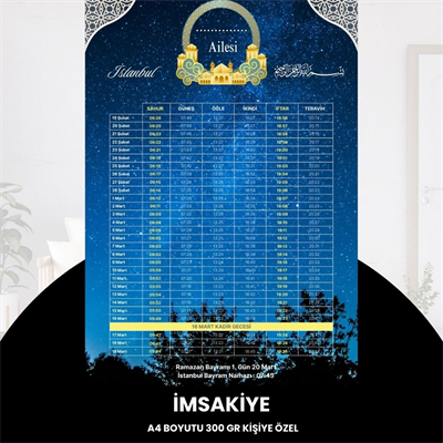Ramazan İmsakiyesi - 300 Gr - A4 Boyut Kişiye Özel İsimli & Logolu 1 Adet Gökyüzü