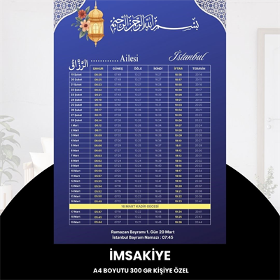 Ramazan İmsakiyesi - 300 Gr - A4 Boyut Kişiye Özel İsimli & Logolu 1 Adet Mat Mavi