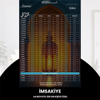 Ramazan İmsakiyesi - 300 Gr - A4 Boyut Kişiye Özel İsimli & Logolu 1 Adet Lacivert