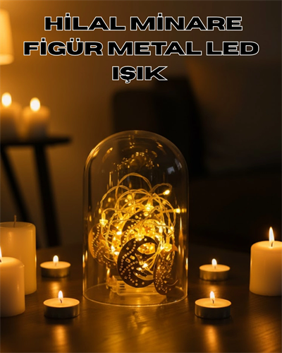 Ramazan Minare Detaylı Hilal LED Işık Günışığı Sarı Metal Süs