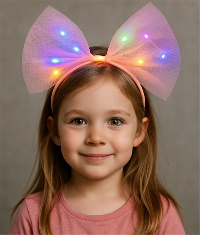 Rengarenk Led Işıklı Fiyonk Şekilli Tül Parti Tacı Pembe Renk 25x25 Cm