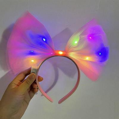 Rengarenk Led Işıklı Fiyonk Şekilli Tül Parti Tacı Pembe Renk 25x25 cm (3936)