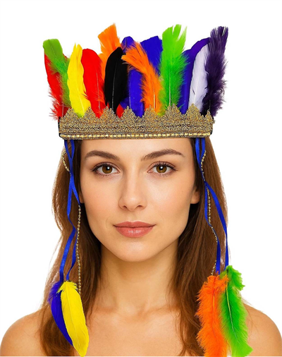 Rengarenk Tüylerle İşlenmiş Lastikli Kızılderili Başlığı