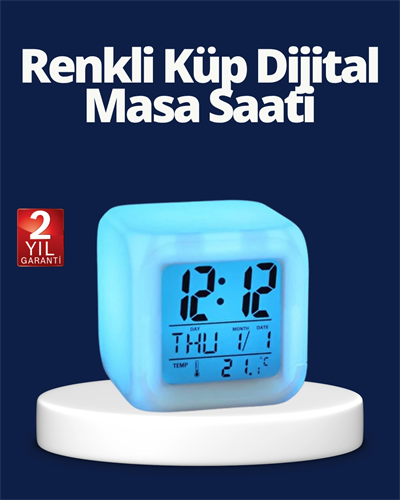 Renk Değiştiren LED Alarmlı Dijital Küp Masa Saati