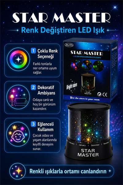 Renk Değiştiren LED Yıldız Projektör Gece Lambası Oda Tavanı İçin Dekoratif Işık