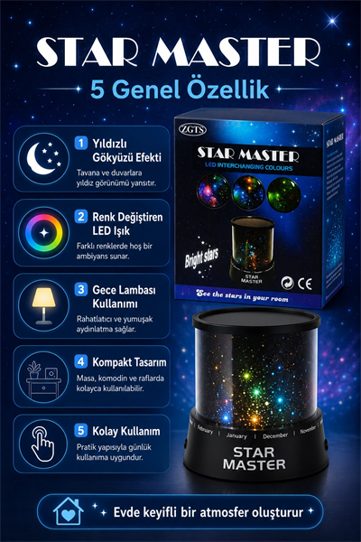 Renk Değiştiren LED Yıldız Projektör Gece Lambası Oda Tavanı İçin Dekoratif Işık