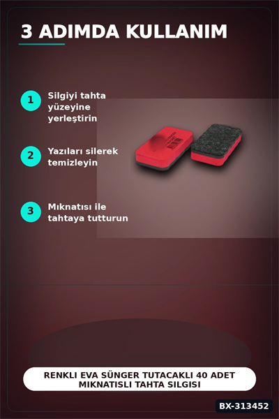 Renkli Eva Sünger Tutacaklı 40 Adet Mıknatıslı Tahta Silgisi - Sınıf Kullanımına Uygun BX-313452