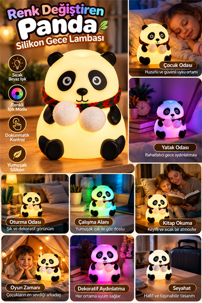 Renkli Işık Modlu Silikon Panda Gece Lambası Dokunmatik Kontrollü Sevimli Dekoratif
