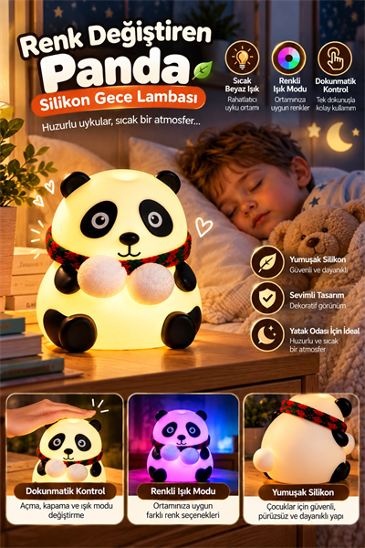 Renkli Işık Modlu Silikon Panda Gece Lambası Dokunmatik Kontrollü Sevimli Dekoratif