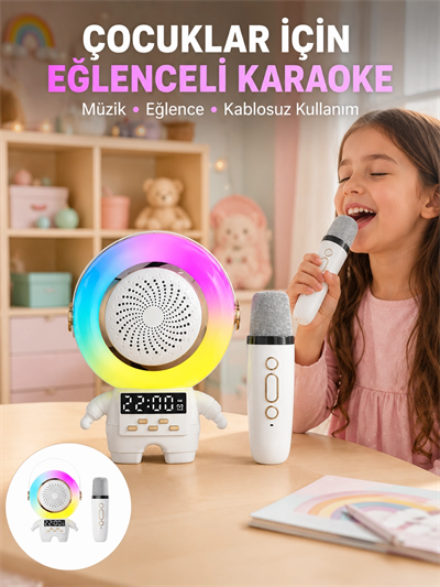 Renkli Işıklı Astronot Mini Bluetooth Speaker ve Karaoke Mikrofon
