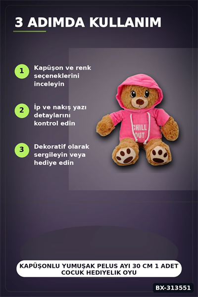 Renkli Kapüşonlu Sweatshirt Giyen 30 cm Peluş Ayı Oyuncak Hediyelik BX-313551