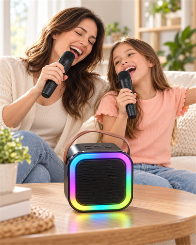 Renkli LED Aydınlatmalı Taşınabilir Bluetooth Hoparlör ve 2 Mikrofon Seti