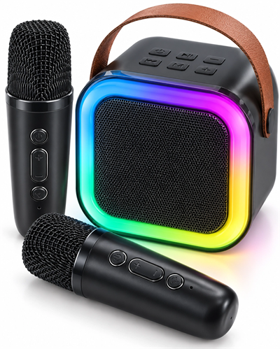 Renkli LED Aydınlatmalı Taşınabilir Bluetooth Hoparlör ve 2 Mikrofon Seti
