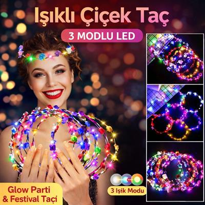 Renkli LED Çiçek Taç – 3 Işık Modlu Glow Parti Tacı (3936)