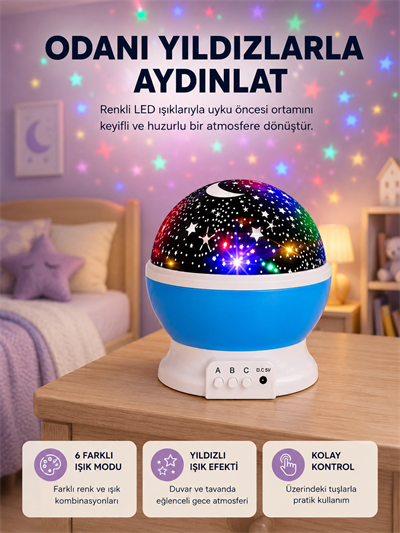 Renkli LED Gece Lambası 6 Işık Modlu Çocuk Odası Atmosfer Aydınlatma