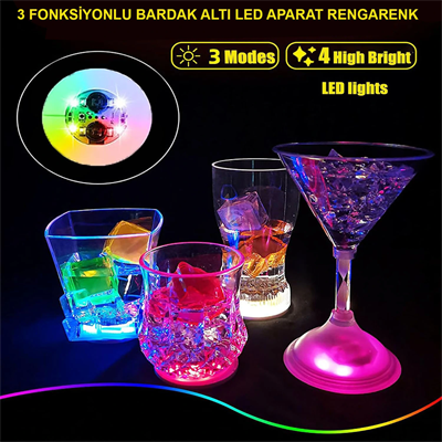 Renkli Led Işıklı Bardak Altlığı - Dekoratif (12 Adet, Pilli)